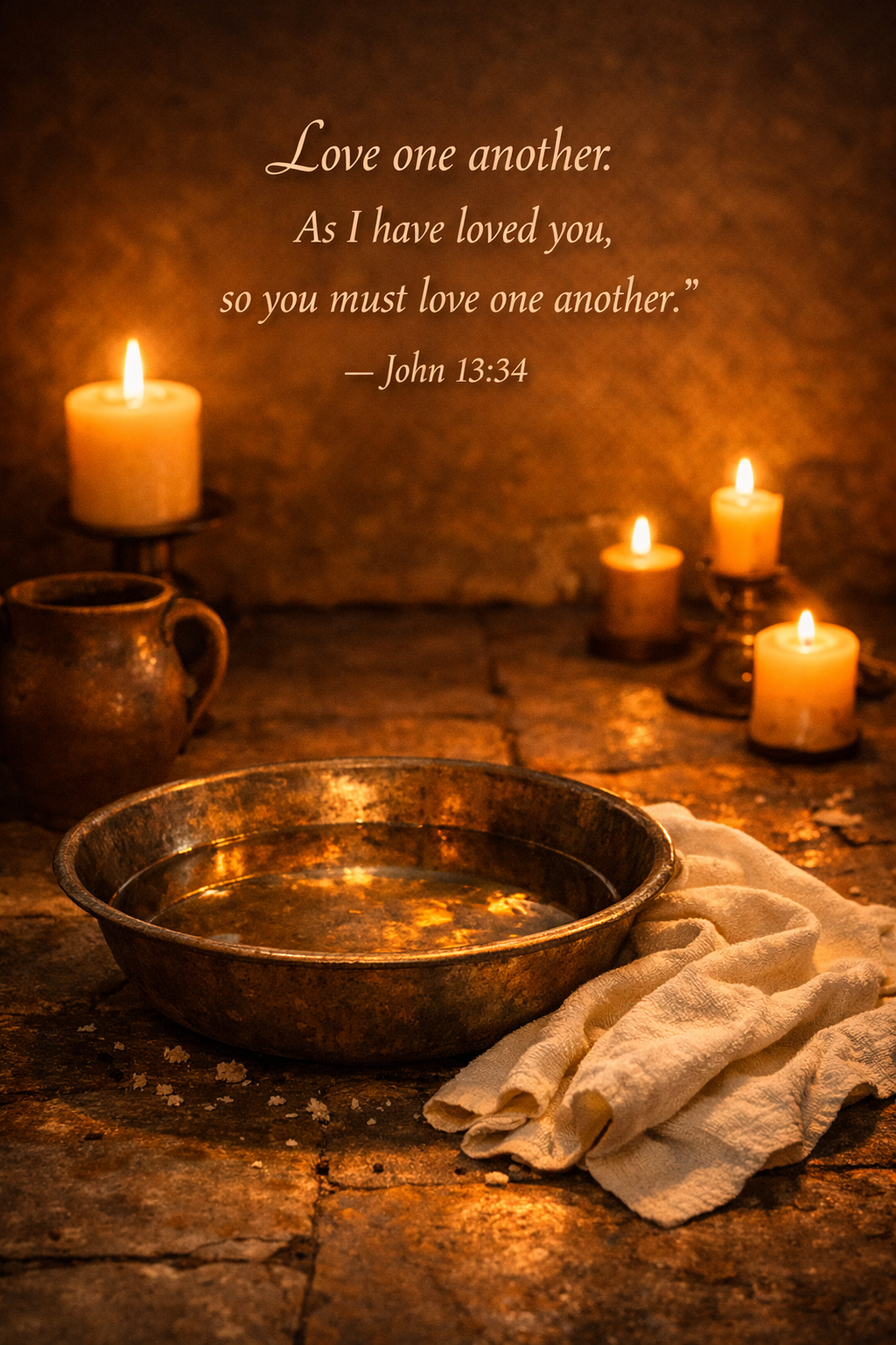 Bible verse John 13:34 Love one another basin towel candlelight vertical wallpaper